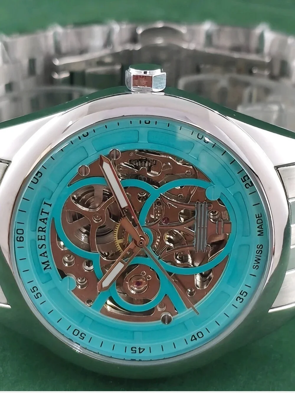 Maserati Skeleton Dial Stainless Steel Watch - Turquoise Accents Refurbished